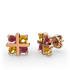 Dört Taşlı Küpe - Kök yakut ve sitrin 8 ayar rose altın küpe #8v4qfb