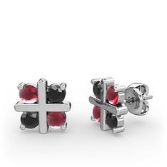 Dört Taşlı Küpe - Kök yakut ve siyah zirkon 18 ayar beyaz altın küpe #8wk35r