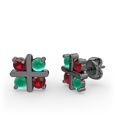 Dört Taşlı Küpe - Garnet ve kök zümrüt 925 ayar siyah rodyum kaplama gümüş küpe #c4amck