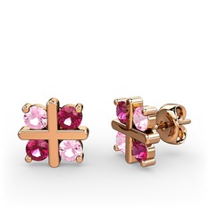 Pembe kuvars ve rodolit garnet 14 ayar rose altın küpe