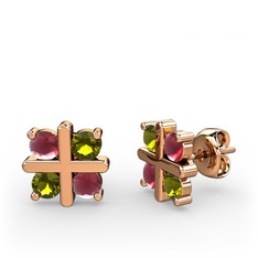 Dört Taşlı Küpe - Kök yakut ve peridot 8 ayar rose altın küpe #d25ze2