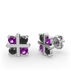 Dört Taşlı Küpe - Ametist ve siyah zirkon 8 ayar beyaz altın küpe #ds9xa3