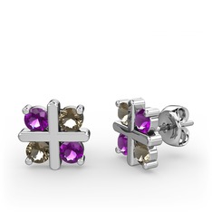 Ametist ve dumanlı kuvars 14 ayar beyaz altın küpe