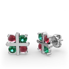 Kök yakut ve yeşil kuvars 14 ayar beyaz altın küpe