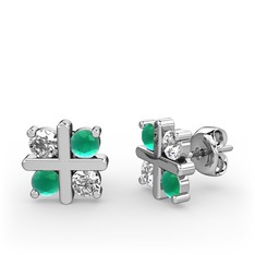 Dört Taşlı Küpe - Beyaz zirkon ve kök zümrüt 18 ayar beyaz altın küpe #g98wb