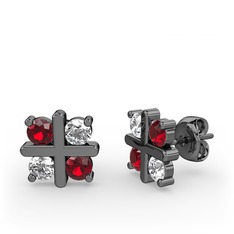 Dört Taşlı Küpe - Garnet ve beyaz zirkon 925 ayar siyah rodyum kaplama gümüş küpe #gq8g6i