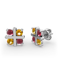 Dört Taşlı Küpe - Kök yakut ve sitrin 925 ayar gümüş küpe #h1fynj