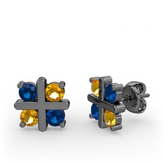 Dört Taşlı Küpe - Lab safir ve sitrin 925 ayar siyah rodyum kaplama gümüş küpe #h5eahv