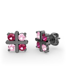 Dört Taşlı Küpe - Rodolit garnet ve pembe kuvars 925 ayar siyah rodyum kaplama gümüş küpe #h8jv0