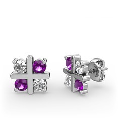 Dört Taşlı Küpe - Beyaz zirkon ve ametist 14 ayar beyaz altın küpe #hz134h