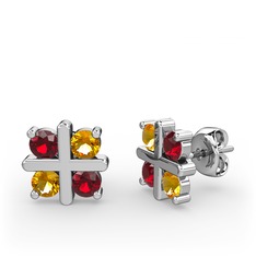 Dört Taşlı Küpe - Garnet ve sitrin 14 ayar beyaz altın küpe #ifgieo