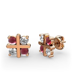 Dört Taşlı Küpe - Kök yakut ve beyaz zirkon 18 ayar rose altın küpe #ldd7mx