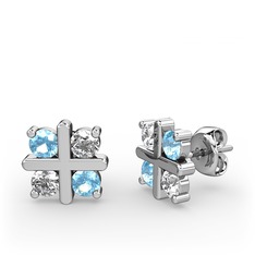 Dört Taşlı Küpe - Akuamarin ve beyaz zirkon 14 ayar beyaz altın küpe #lyq4x1