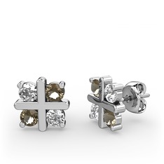 Beyaz zirkon ve dumanlı kuvars 14 ayar beyaz altın küpe