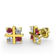 Dört Taşlı Küpe - Kök yakut ve swarovski 14 ayar altın küpe #p70ml1