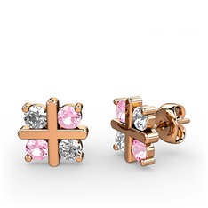 Dört Taşlı Küpe - Swarovski ve pembe kuvars 14 ayar rose altın küpe #pnz808