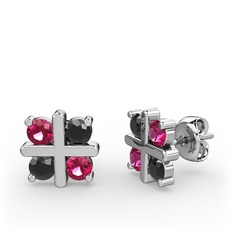 Dört Taşlı Küpe - Rodolit garnet ve siyah zirkon 8 ayar beyaz altın küpe #qe6h9e