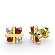 Dört Taşlı Küpe - Beyaz zirkon ve garnet 18 ayar altın küpe #qkamcg