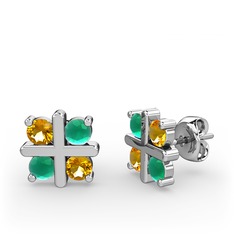 Dört Taşlı Küpe - Sitrin ve kök zümrüt 18 ayar beyaz altın küpe #qvrkeu