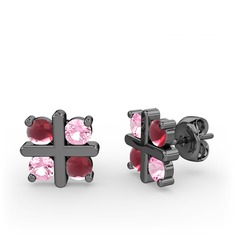 Dört Taşlı Küpe - Kök yakut ve pembe kuvars 925 ayar siyah rodyum kaplama gümüş küpe #qwmbpl