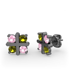Dört Taşlı Küpe - Pembe kuvars ve peridot 925 ayar siyah rodyum kaplama gümüş küpe #tbxbe7