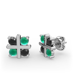 Dört Taşlı Küpe - Siyah zirkon ve kök zümrüt 8 ayar beyaz altın küpe #uqe4w2