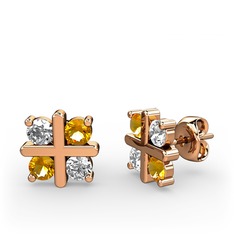 Dört Taşlı Küpe - Beyaz zirkon ve sitrin 18 ayar rose altın küpe #ut6j0m