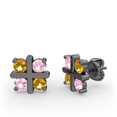 Sitrin ve pembe kuvars 925 ayar siyah rodyum kaplama gümüş küpe