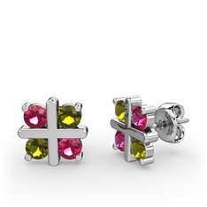 Dört Taşlı Küpe - Rodolit garnet ve peridot 8 ayar beyaz altın küpe #vrt0de