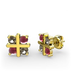 Dört Taşlı Küpe - Dumanlı kuvars ve kök yakut 14 ayar altın küpe #vzr6mx