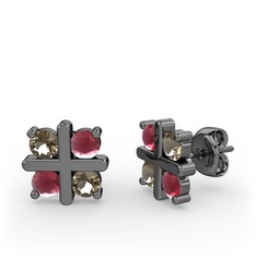 Dört Taşlı Küpe - Dumanlı kuvars ve kök yakut 925 ayar siyah rodyum kaplama gümüş küpe #w83gao