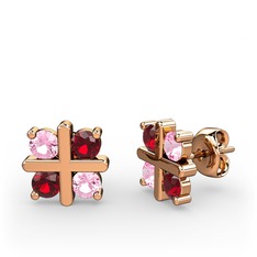 Pembe kuvars ve garnet 18 ayar rose altın küpe