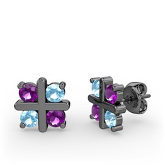 Ametist ve akuamarin 925 ayar siyah rodyum kaplama gümüş küpe