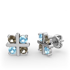 Dört Taşlı Küpe - Dumanlı kuvars ve akuamarin 14 ayar beyaz altın küpe #xc7pck