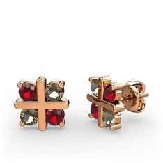 Dört Taşlı Küpe - Garnet ve dumanlı kuvars 18 ayar rose altın küpe #xpyklg