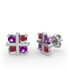 Ametist ve kök yakut 14 ayar beyaz altın küpe