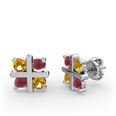 Sitrin ve kök yakut 14 ayar beyaz altın küpe