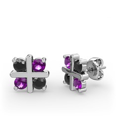 Dört Taşlı Küpe - Siyah zirkon ve ametist 8 ayar beyaz altın küpe #yvrwmn