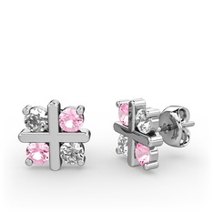 Beyaz zirkon ve pembe kuvars 14 ayar beyaz altın küpe