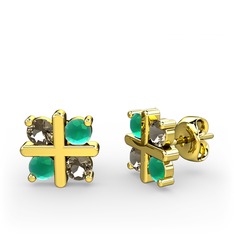 Dumanlı kuvars ve kök zümrüt 18 ayar altın küpe