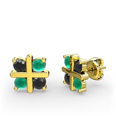 Dört Taşlı Küpe - Siyah zirkon ve kök zümrüt 14 ayar altın küpe #zql20e