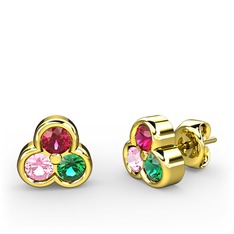 Mini Tria Küpe - Rodolit garnet, pembe kuvars ve yeşil kuvars 925 ayar altın kaplama gümüş küpe #105l31g