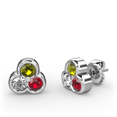 Mini Tria Küpe - Peridot, pırlanta ve garnet 8 ayar beyaz altın küpe (0.22 karat) #10cg0uf