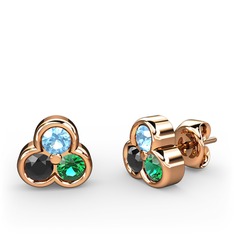 Mini Tria Küpe - Akuamarin, siyah zirkon ve yeşil kuvars 8 ayar rose altın küpe #10cyse1