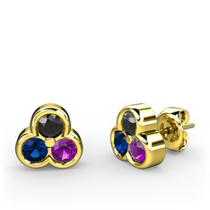 Mini Tria Küpe - Siyah zirkon, lab safir ve ametist 18 ayar altın küpe #10d8j52