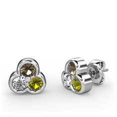 Mini Tria Küpe - Dumanlı kuvars, swarovski ve peridot 18 ayar beyaz altın küpe #10ft7pz