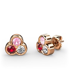 Mini Tria Küpe - Pembe kuvars, garnet ve pırlanta 925 ayar rose altın kaplama gümüş küpe (0.22 karat) #10pl0r