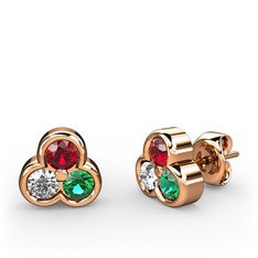 Mini Tria Küpe - Garnet, swarovski ve yeşil kuvars 18 ayar rose altın küpe #10qktx