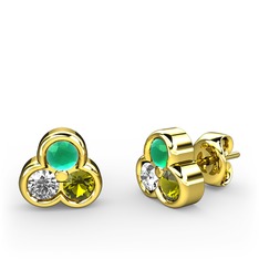 Kök zümrüt, pırlanta ve peridot 14 ayar altın küpe (0.22 karat)