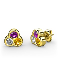 Mini Tria Küpe - Ametist, pırlanta ve sitrin 14 ayar altın küpe (0.22 karat) #10uf5db